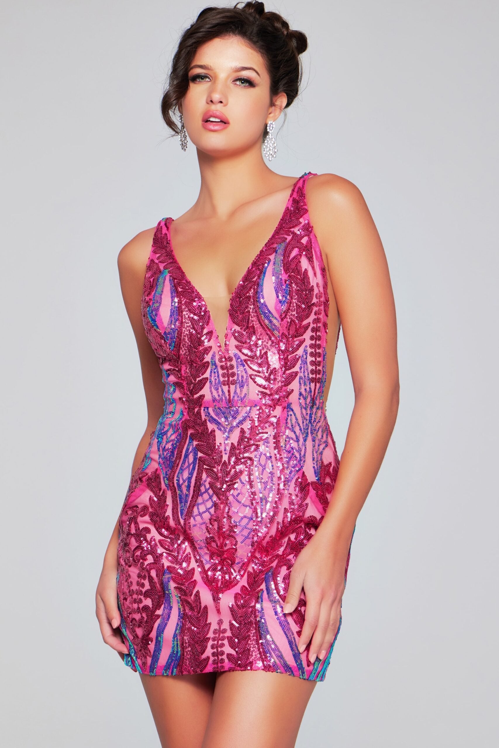 Jovani -36784 Plunging Sides Iridescent Sequin Cocktail Dress