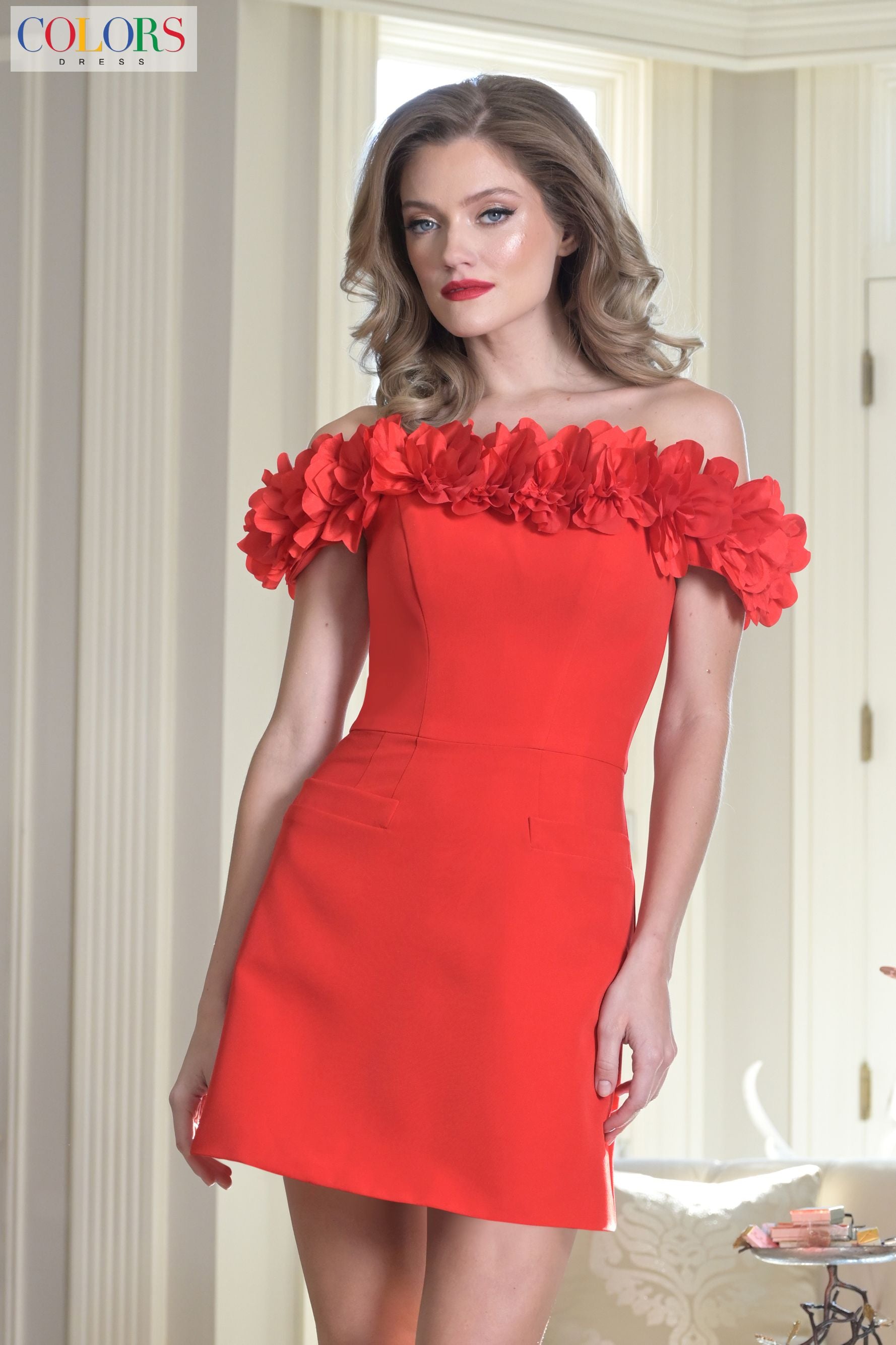 Colors Dress -3679 Flower Off Shoulder Sleeves A-line Dress