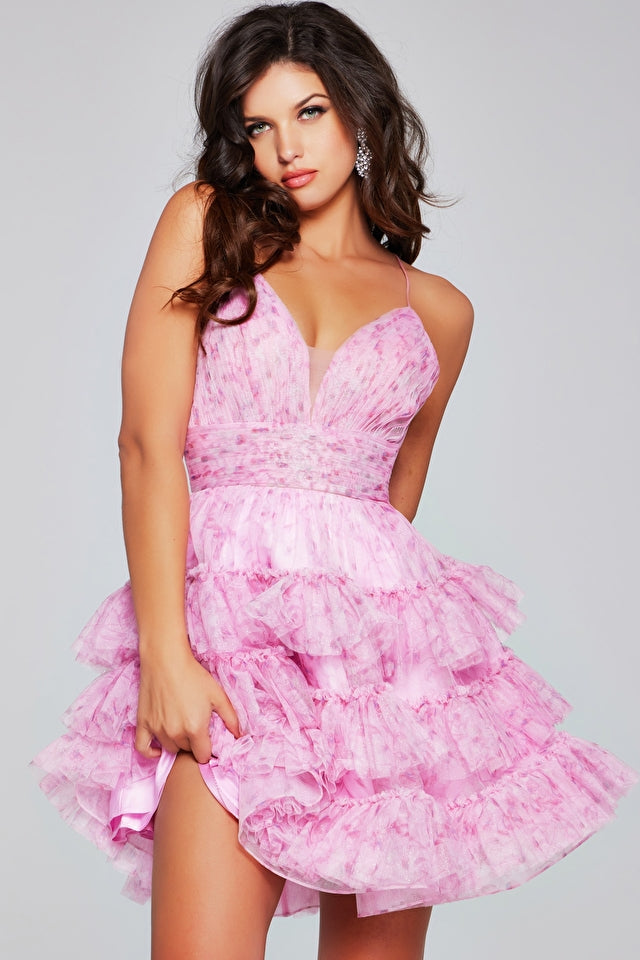 Jovani -36844 Ruched Bodice Floral Short Dress