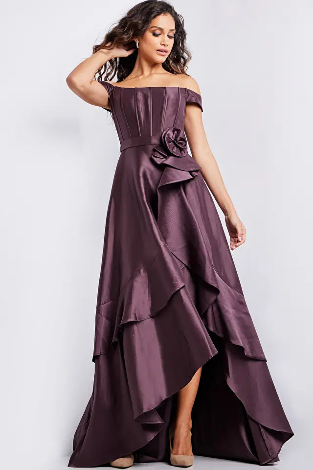 Jovani -37014B Corset Bodice Off Shoulder High Low Dress