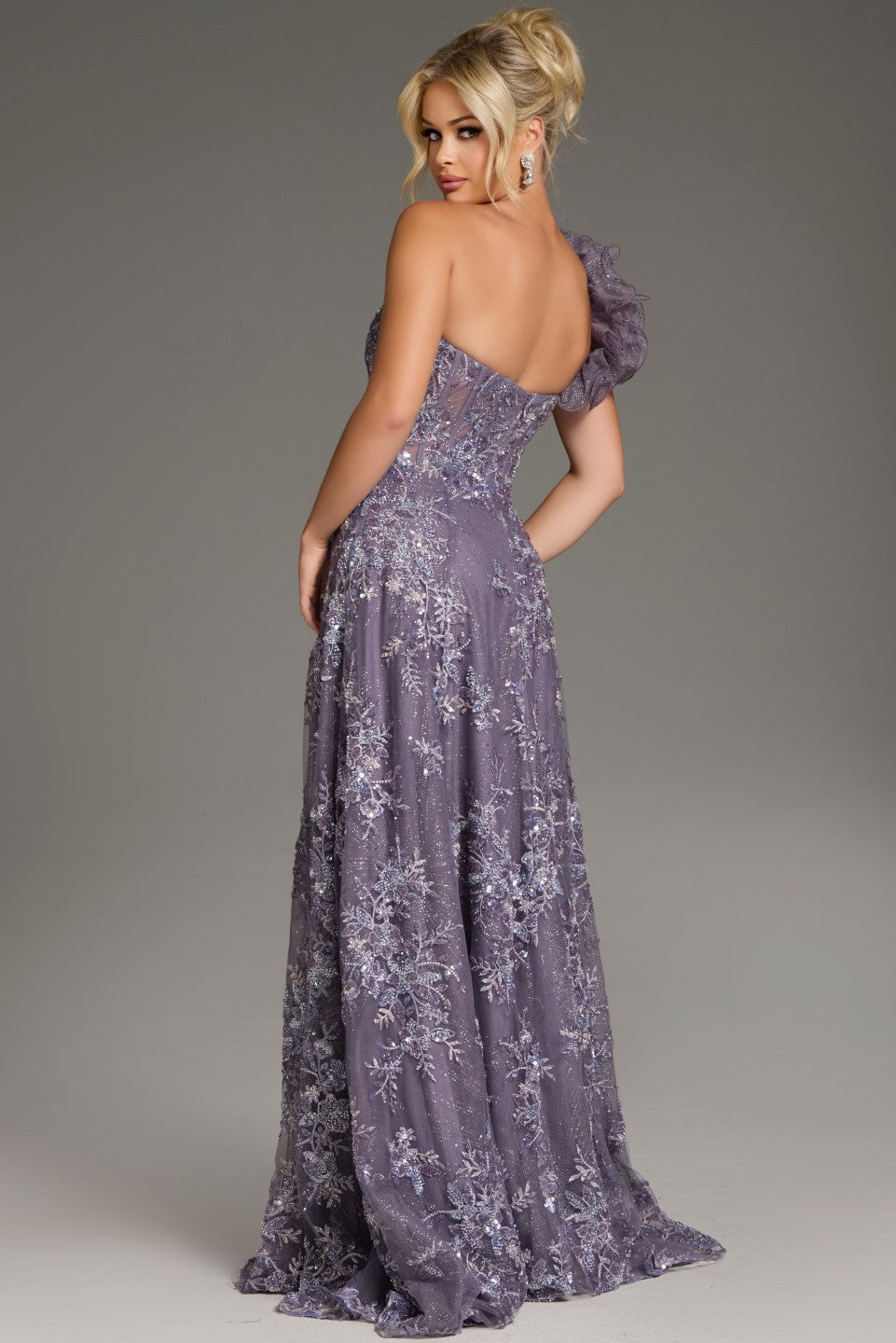 Jovani -37353B One Shoulder Floral Embroidered A-Line Dress