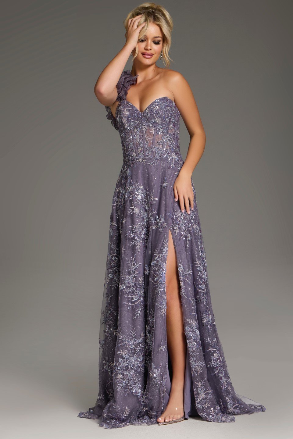 Jovani -37353B One Shoulder Floral Embroidered A-Line Dress