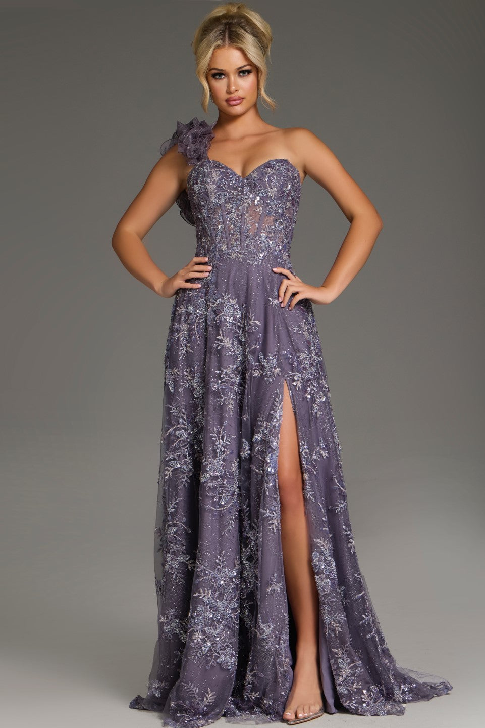 Jovani -37353B One Shoulder Floral Embroidered A-Line Dress