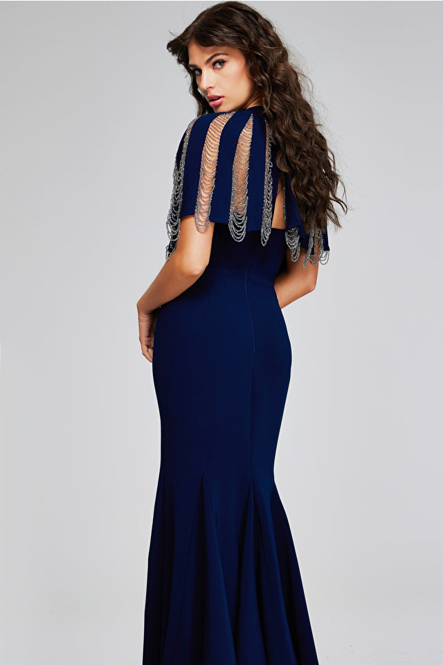 Jovani -37386B High Neck Fringed Evening Dress
