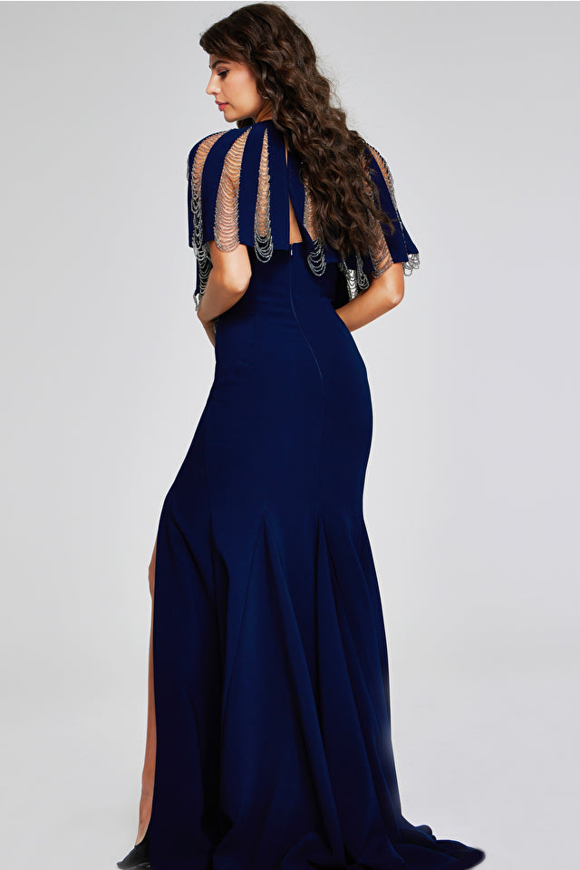 Jovani -37386B High Neck Fringed Evening Dress
