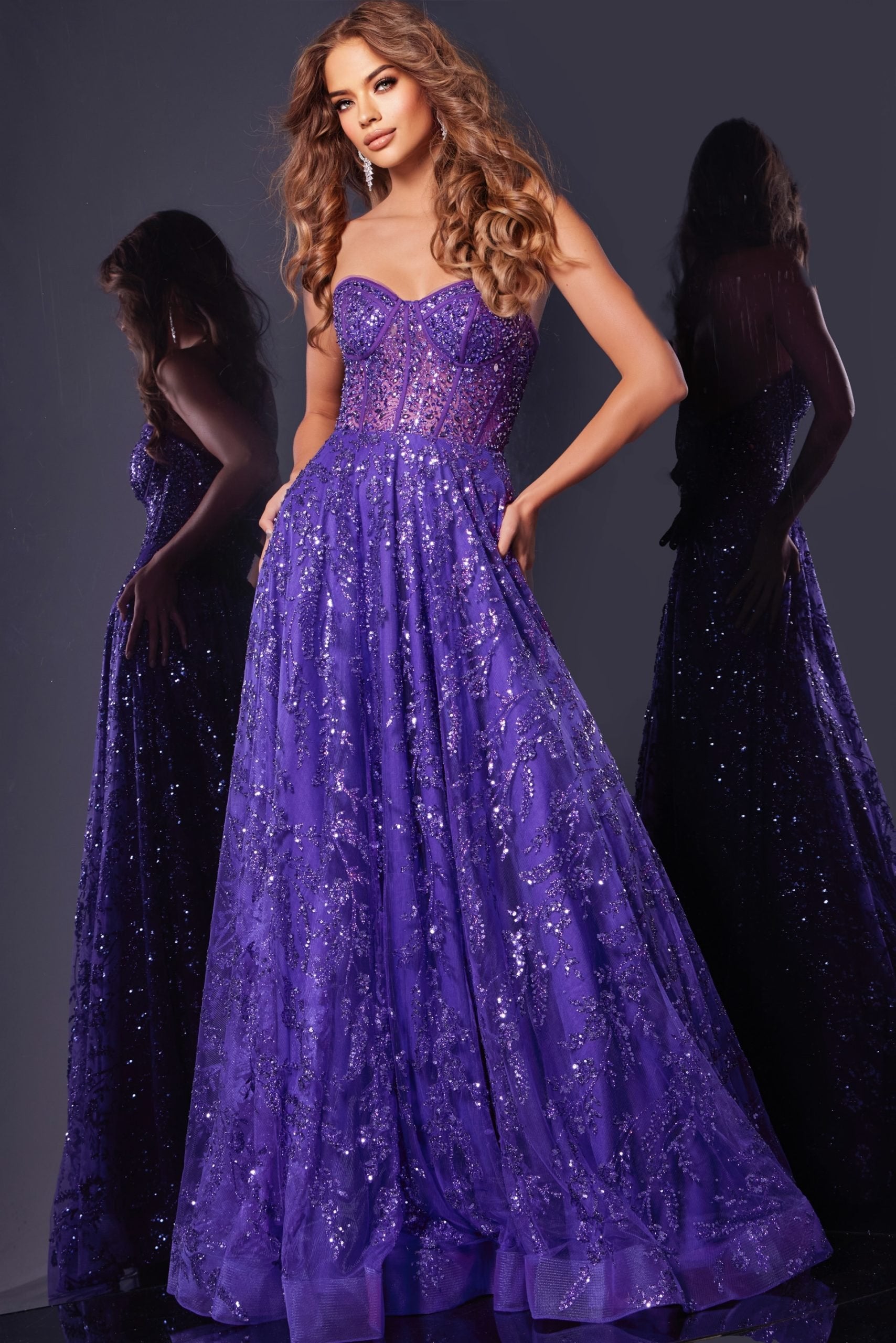 Jovani -37413 Strapless Sequin Corset Bodice A-Line Dress