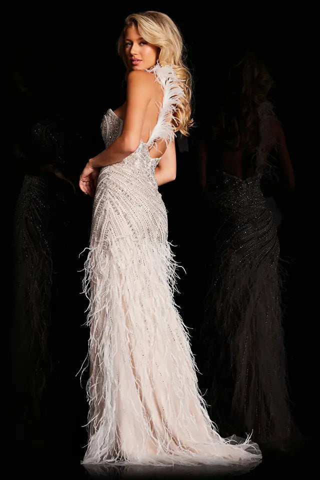 Jovani -37442 One Shoulder Beaded Fringe Prom Dress