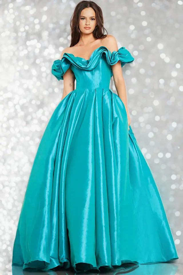 Jovani -37476B Ruffle Neck Taffeta Prom Ball Gown
