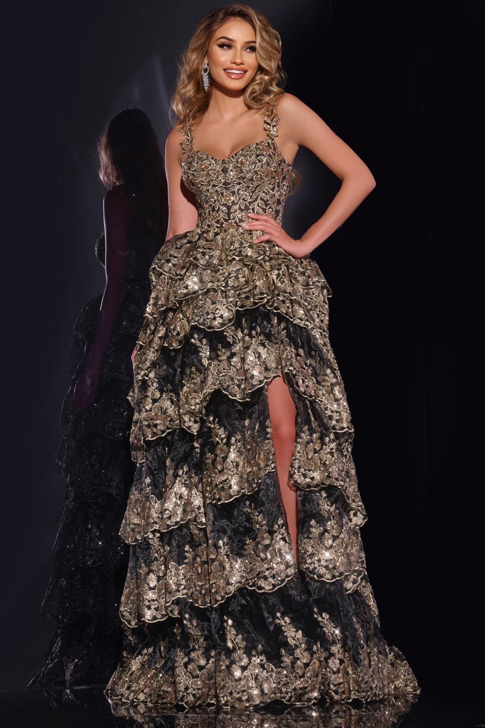 Jovani -37630B Floral Embroidered Sequin Layered Ball Gown