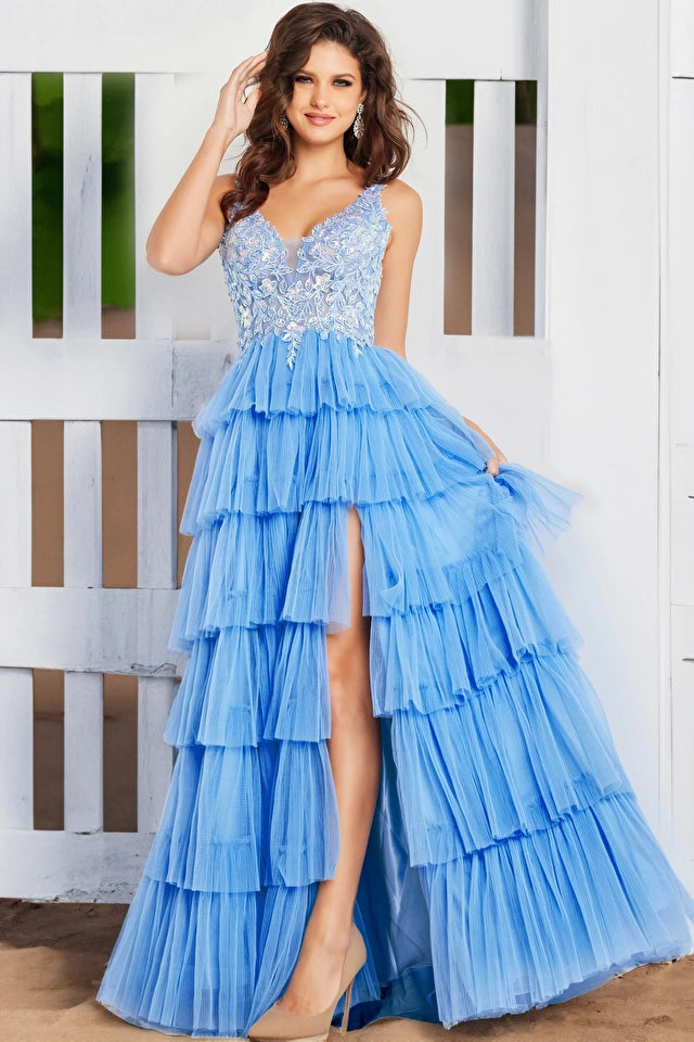 Jovani -37632 V-Neck Embroidered Layered Ball Gown
