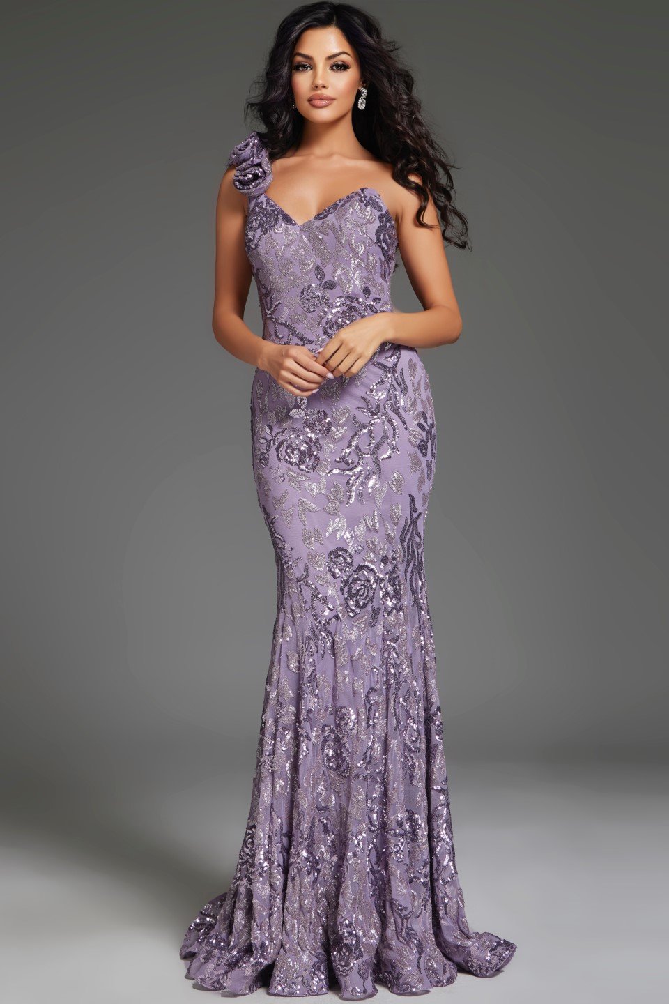 Jovani -37634B One Shoulder Floral Embellished Ruffle Mermaid Dress