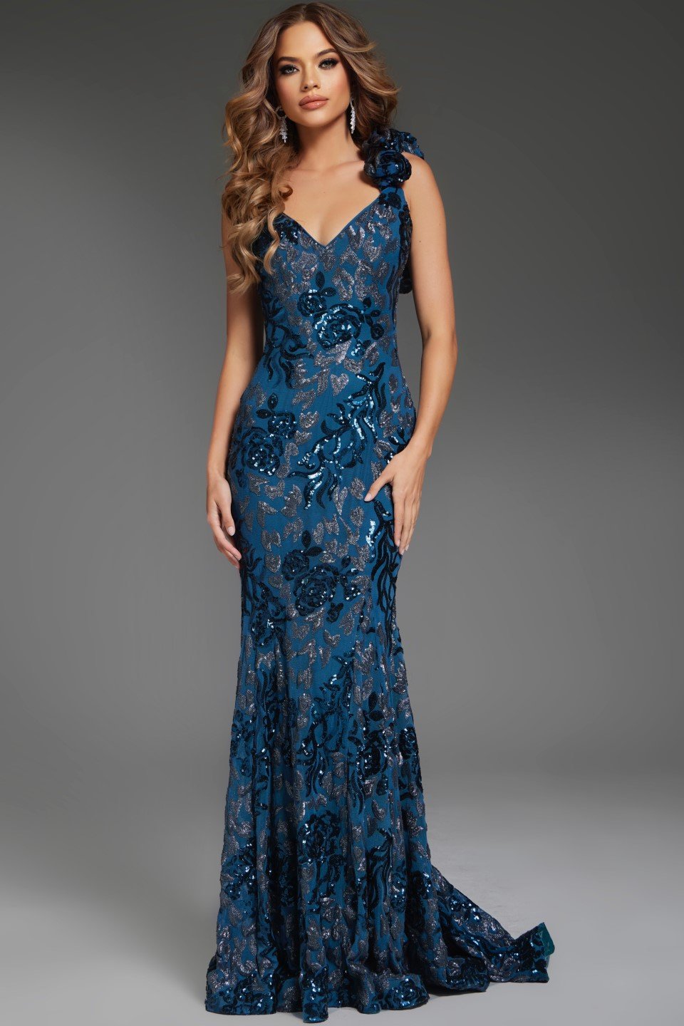 Jovani -37634B One Shoulder Floral Embellished Ruffle Mermaid Dress