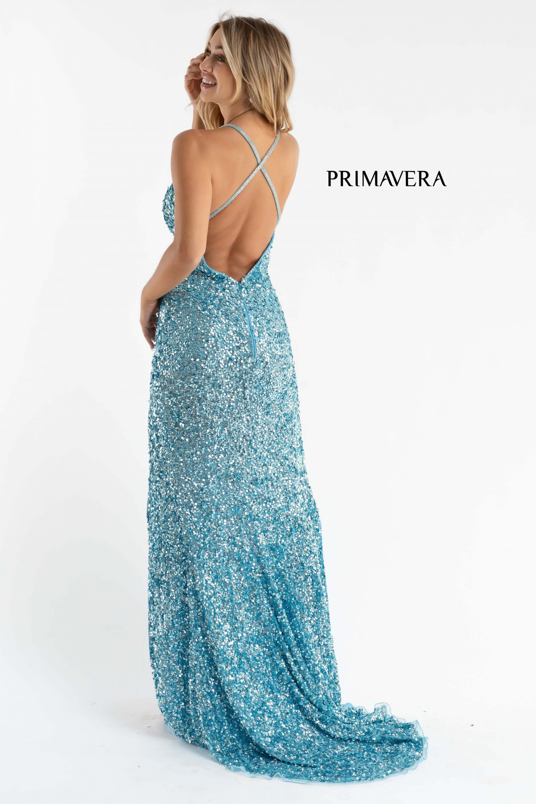 Primavera Couture -3781 V-Neck Sequin Overlay Long Dress
