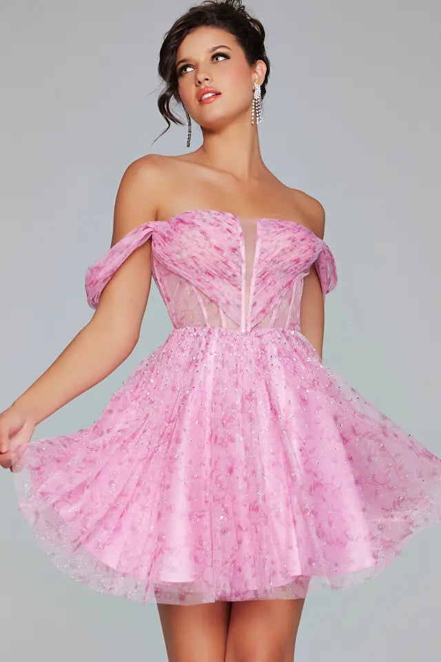 Jovani -38000 Off Shoulder Pleated Bodice Short Dress