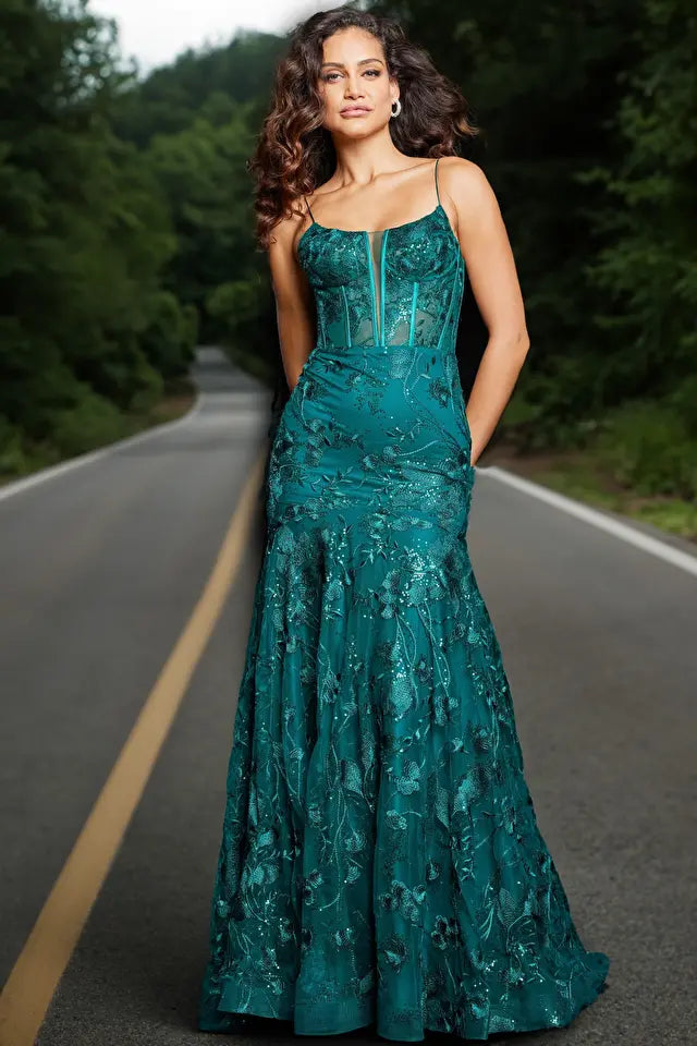 Jovani -38004B V-Neck Beaded Mermaid Prom Dress