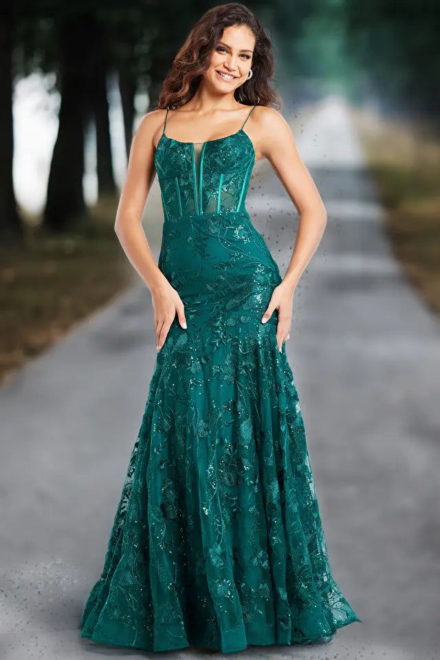Jovani -38004 V-Neck Beaded Mermaid Prom Dress