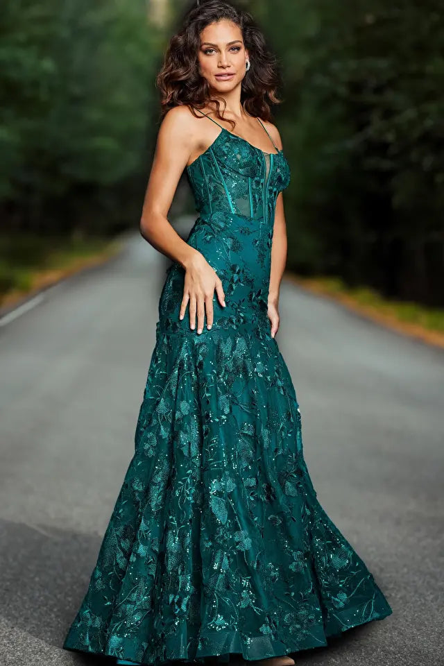 Jovani -38004B V-Neck Beaded Mermaid Prom Dress
