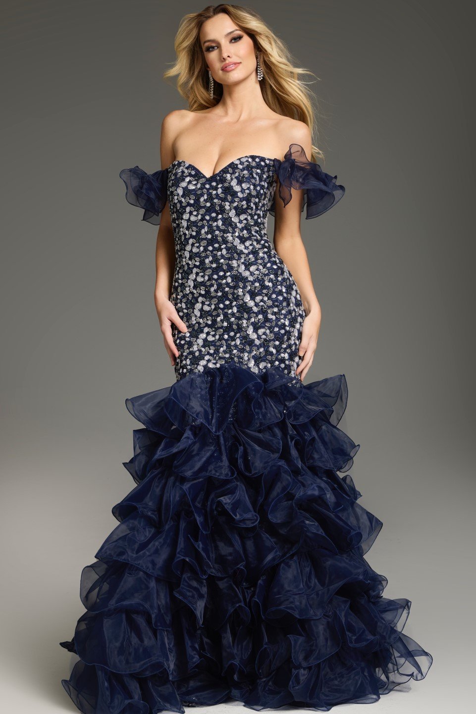 Jovani -38115 Off Shoulder Ruffled Trumpet Dress