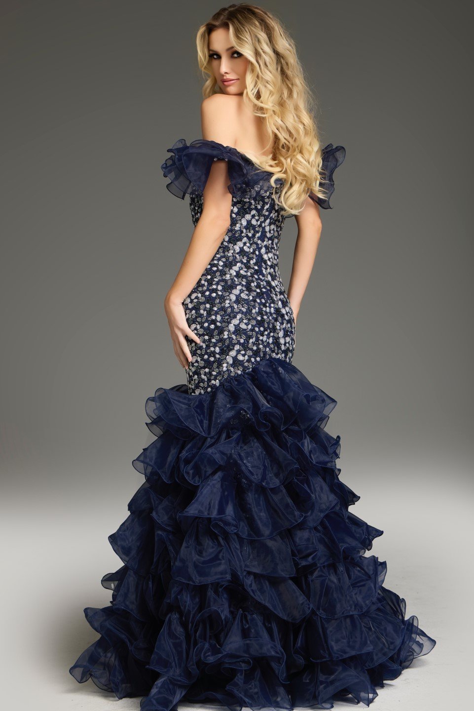 Jovani -38115 Off Shoulder Ruffled Trumpet Dress