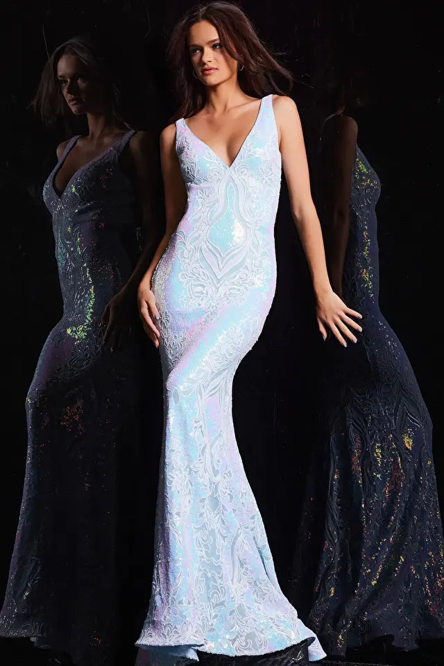 Jovani -38148B V-Neck Sequin Prom Sheath Dress