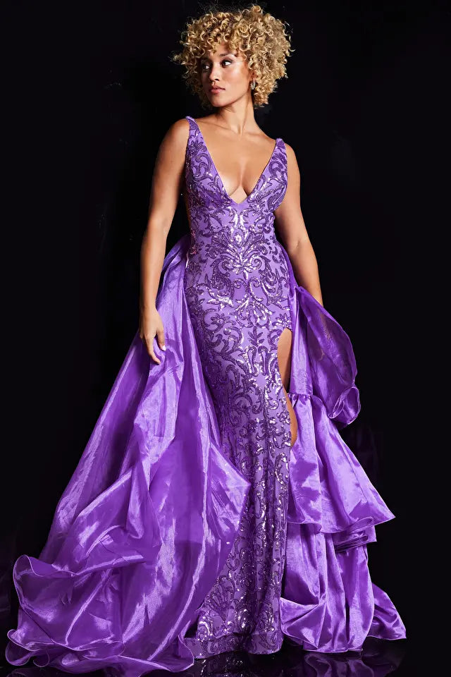 Jovani -38336  Embellished V-Neck Sheath OverSkirt Prom Dress