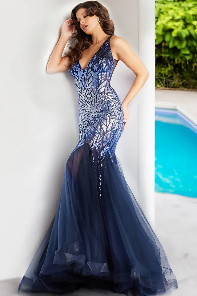 Jovani -38373B Embellished V-Neck Mermaid Prom Dress