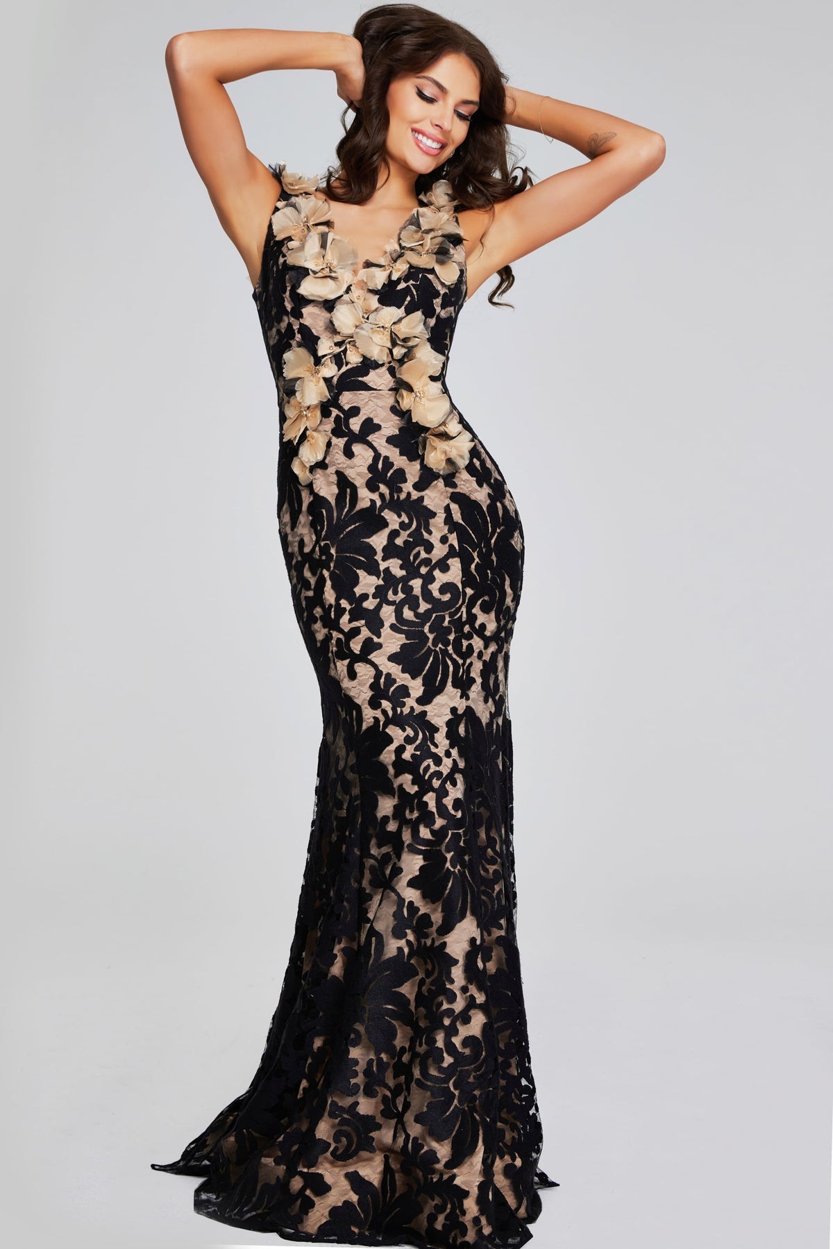 Jovani -38497B Floral Appliqued Sleeveless Evening Gown