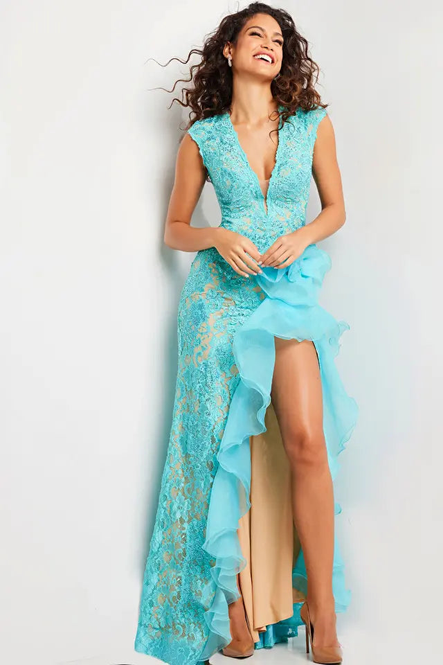 Jovani -38668 Laced V-Neck Sheath Prom Dress