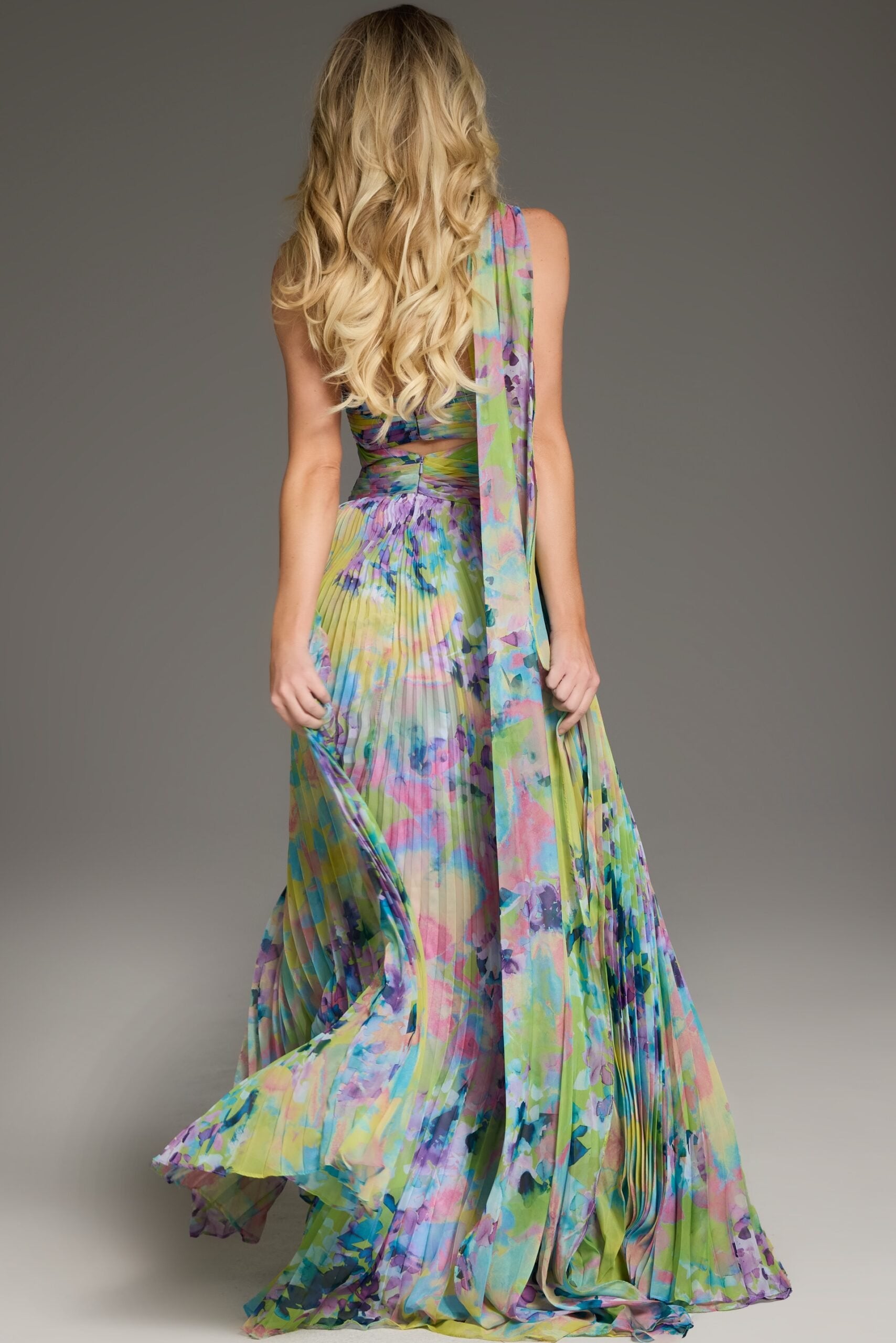 Jovani -38688 Halter Neck Pleated Floral A-Line Dress
