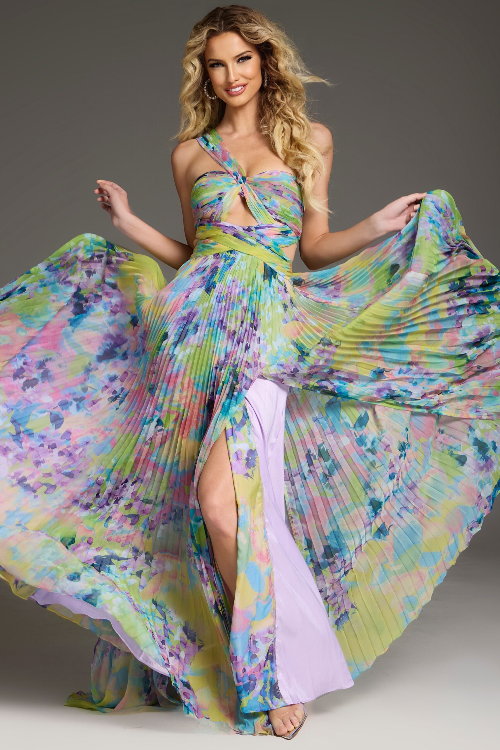 Jovani -38688 Halter Neck Pleated Floral A-Line Dress