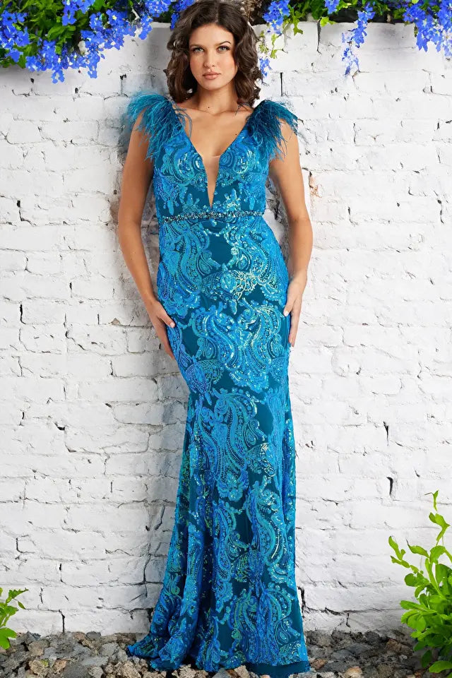 Jovani -38758 Sequin Embellished V-Neck Fitted Prom Dress