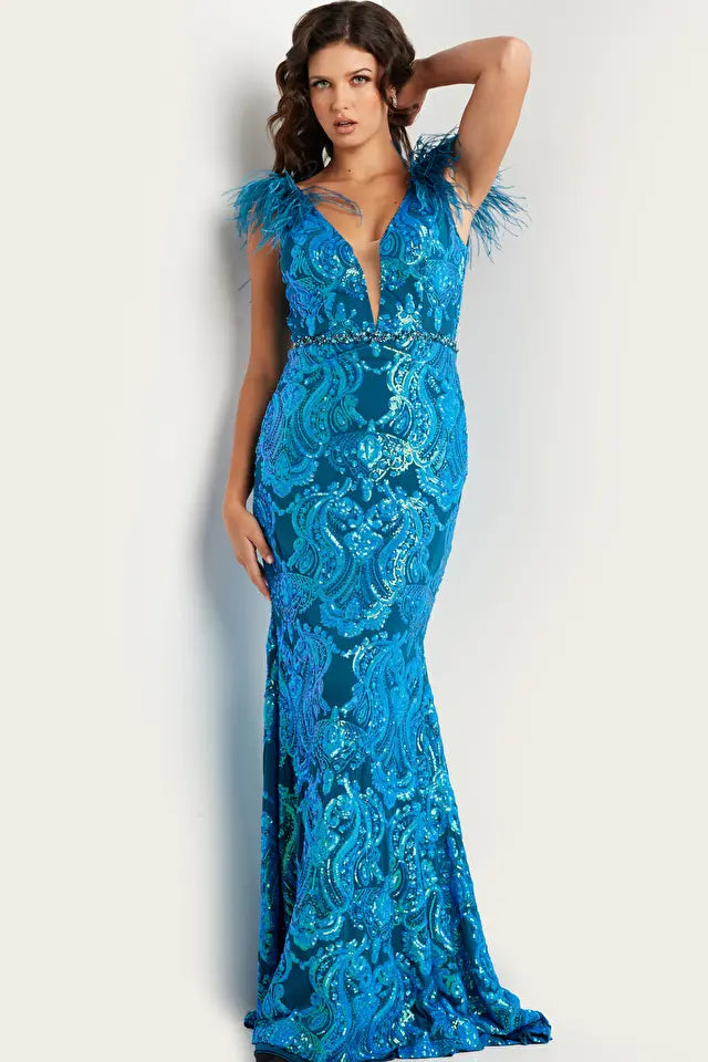 Jovani -38758 Sequin Embellished V-Neck Fitted Prom Dress