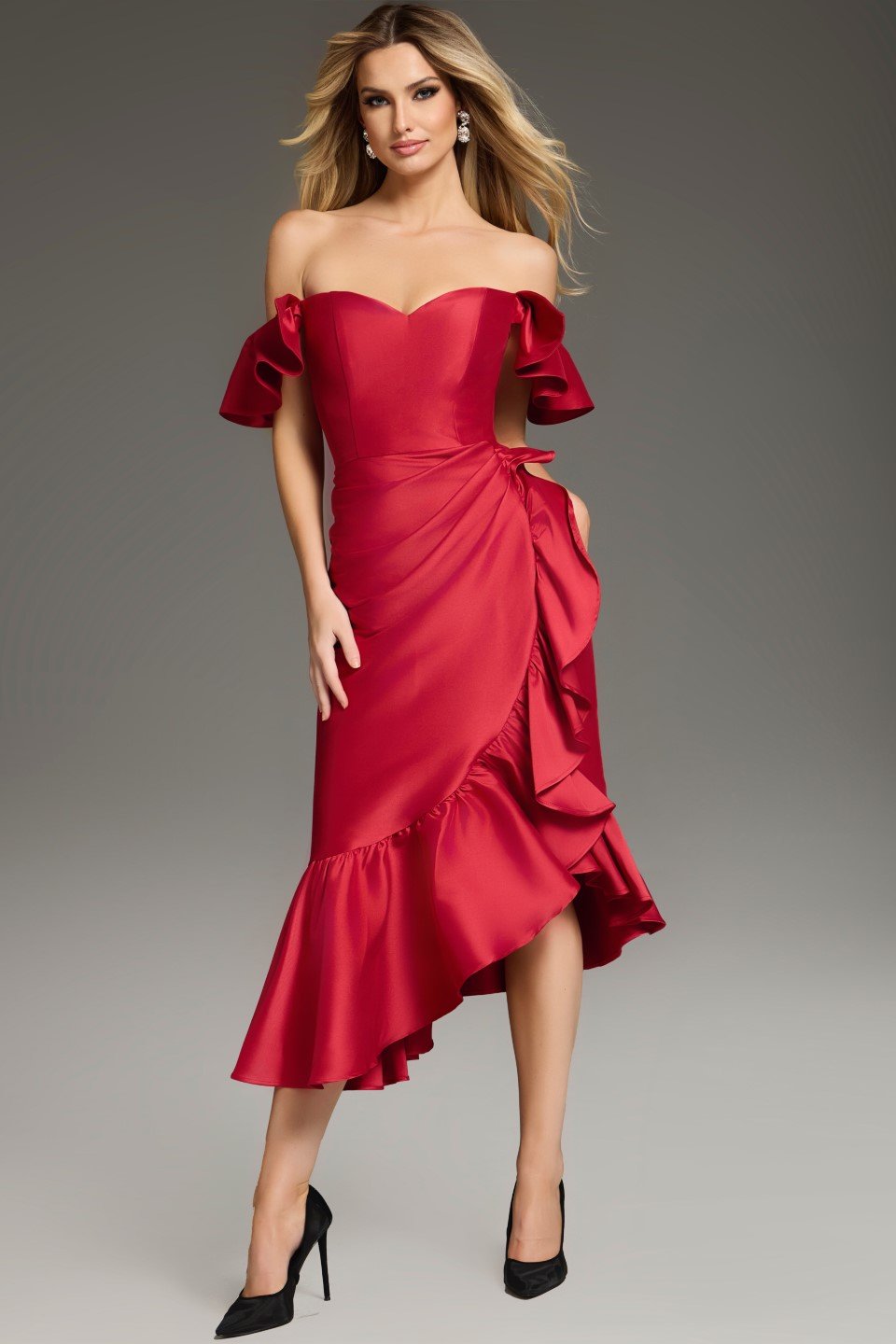 Jovani -39264 Off-the-Shoulder Ruffled High-Low Cocktail Dress