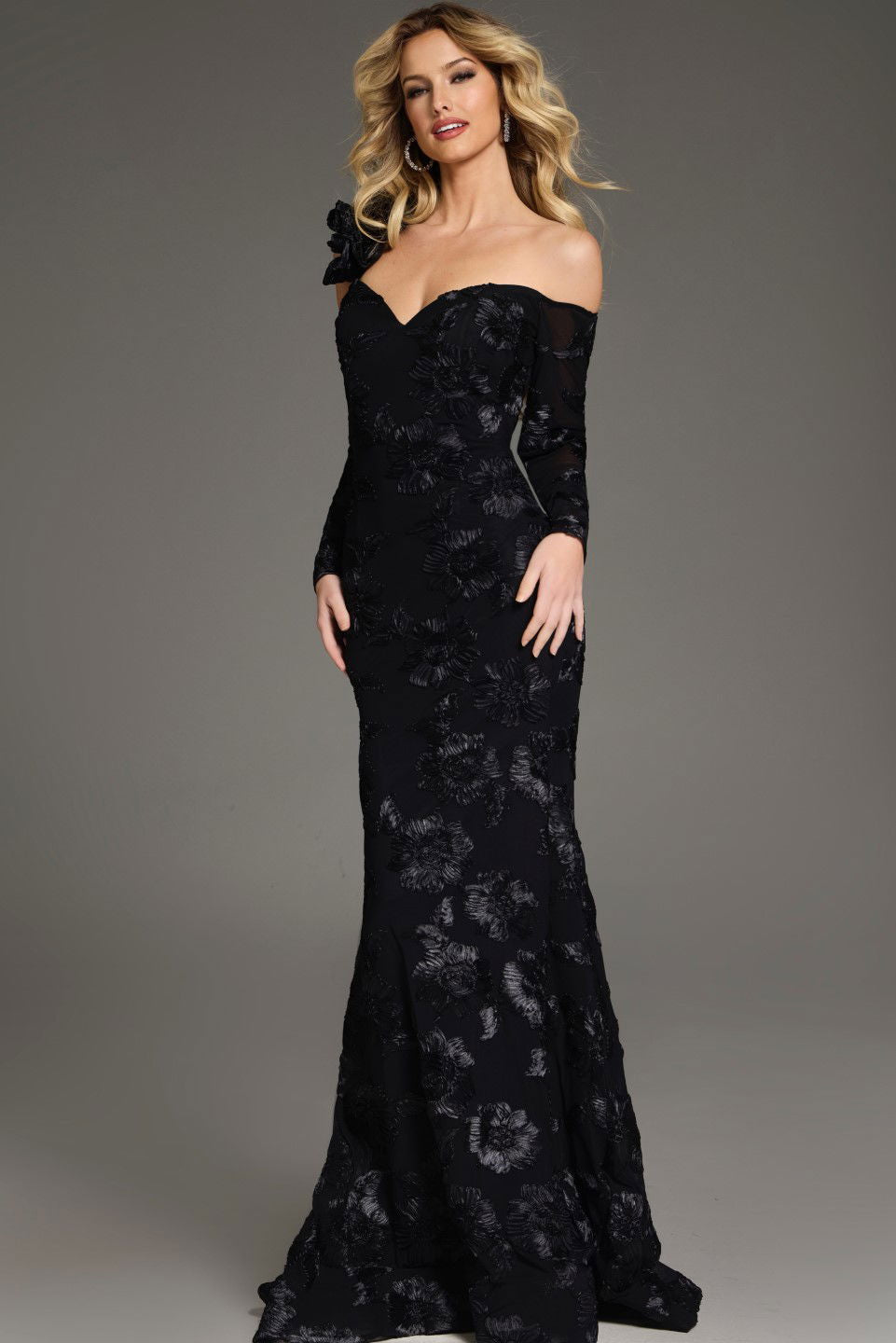 Jovani -39266 Long Sleeves Off-The-Shoulder Floral Lace Gown