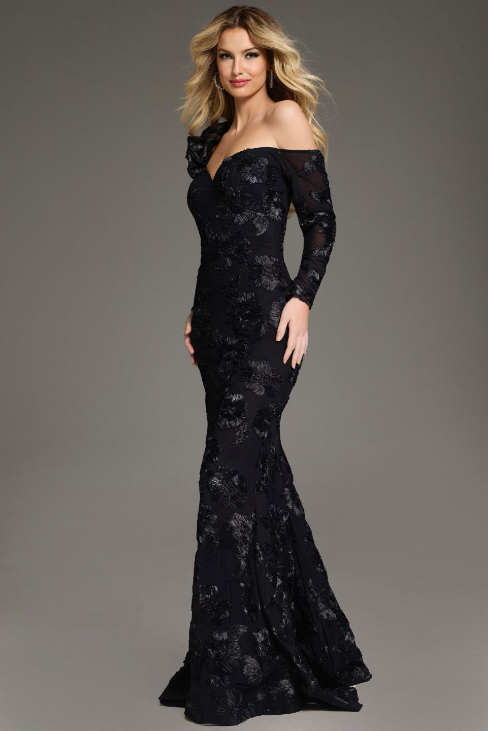 Jovani -39266 Long Sleeves Off-The-Shoulder Floral Lace Gown