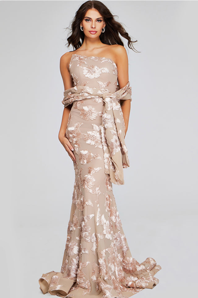 Jovani -39267B Strapless Floral Applique Evening Dress