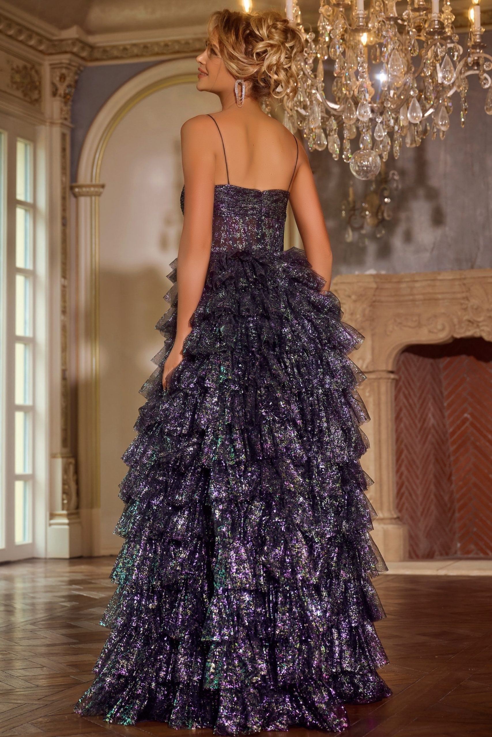 Jovani -39305B Ruffled Tiered Gown with Spaghetti Straps and Glitter Detail Prom Gown