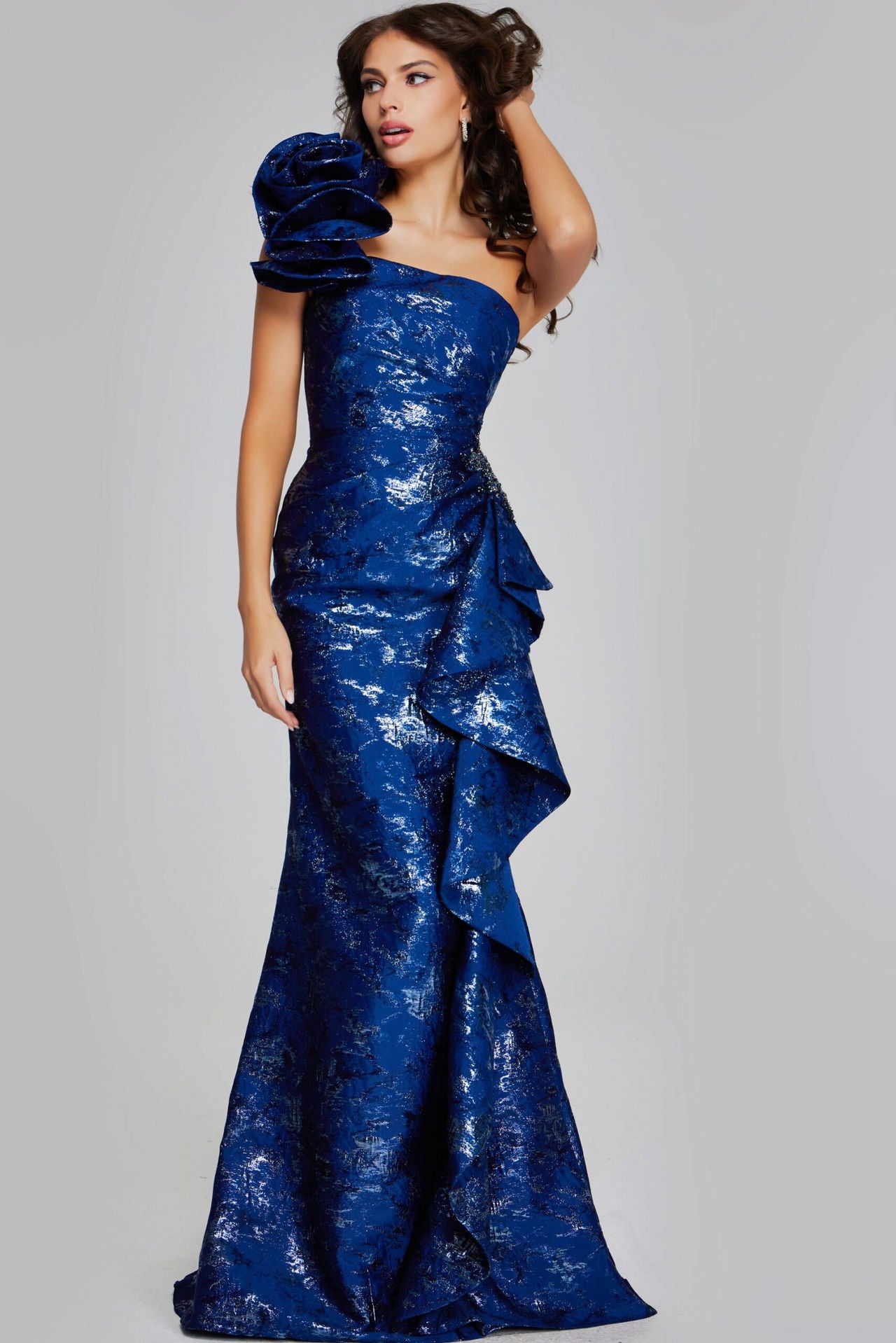 Jovani -39438B Stunning One-Shoulder Long Gown with Elegant Rose Detail