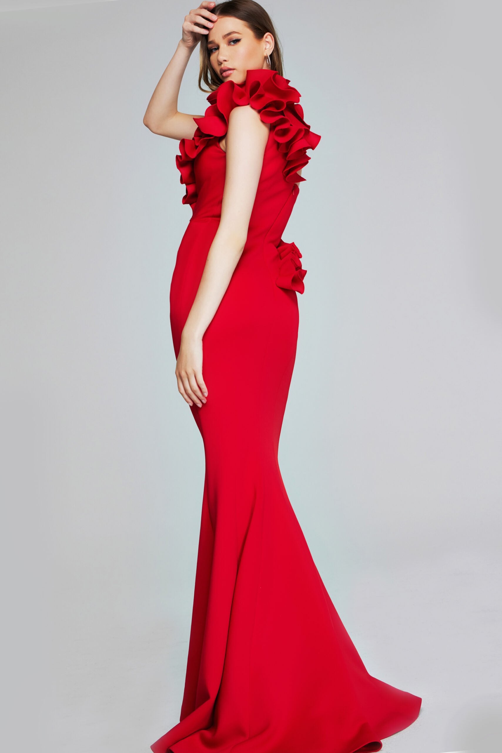 Jovani -39751 Enchanting One-Shoulder Red Gown with 3D Floral Appliqué Evening Dress