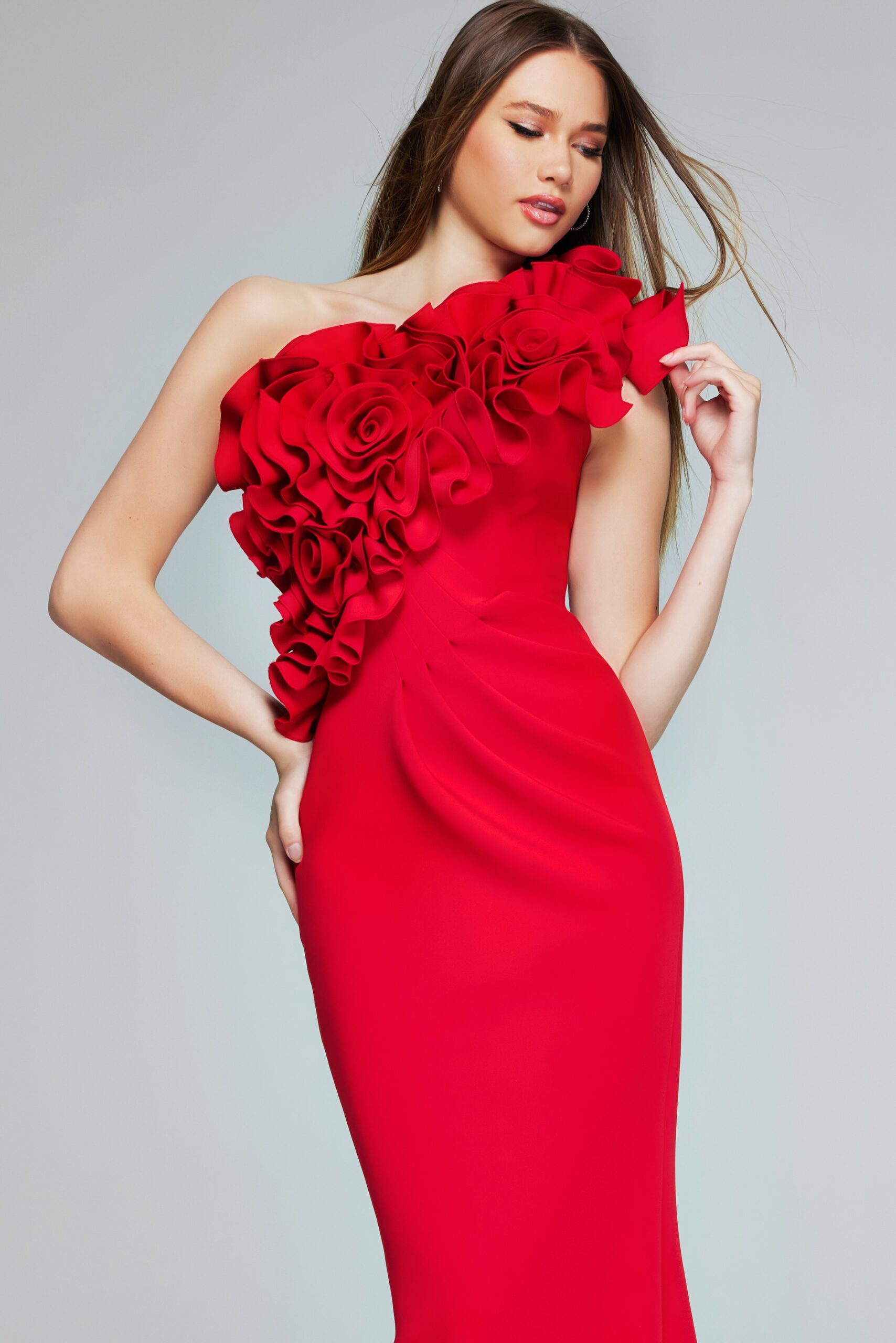 Jovani -39751 Enchanting One-Shoulder Red Gown with 3D Floral Appliqué Evening Dress