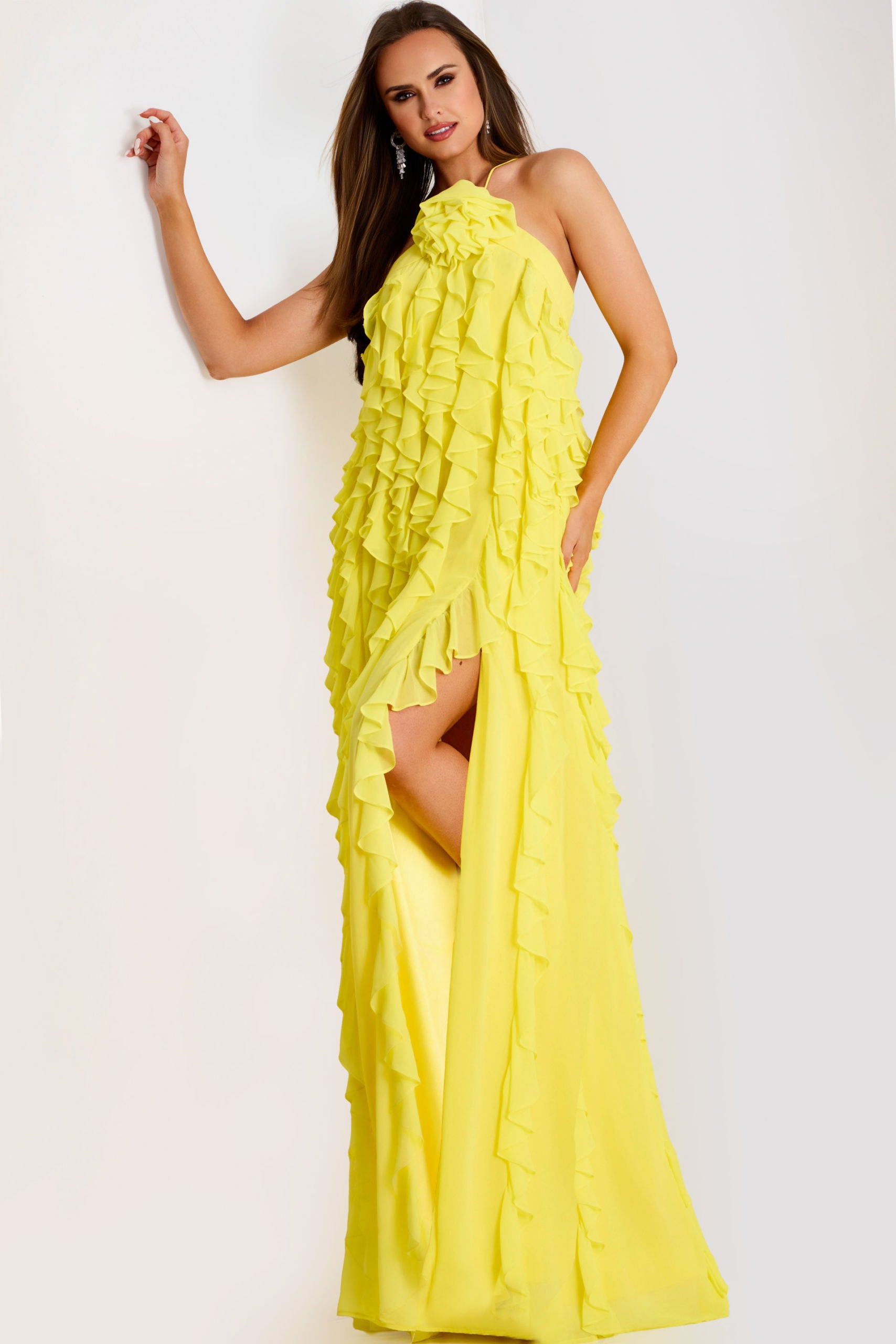 jovani chiffon dresses Jovani -24609 Metallic Chiffon Ruffled Shoulder Prom Gown 0 / LIGHT-PINK