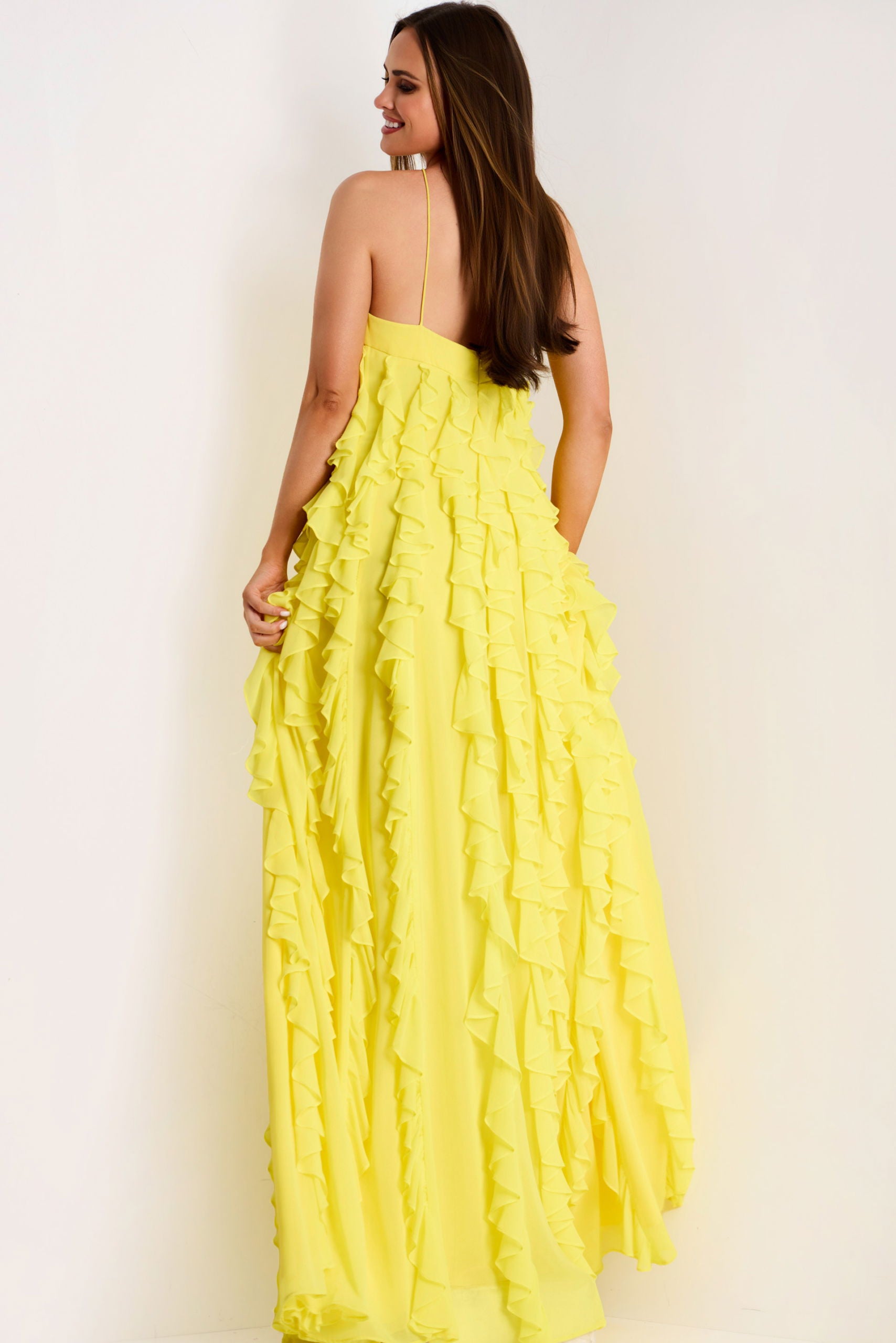 Jovani -39823 Halter Chiffon Ruffle Evening Gown