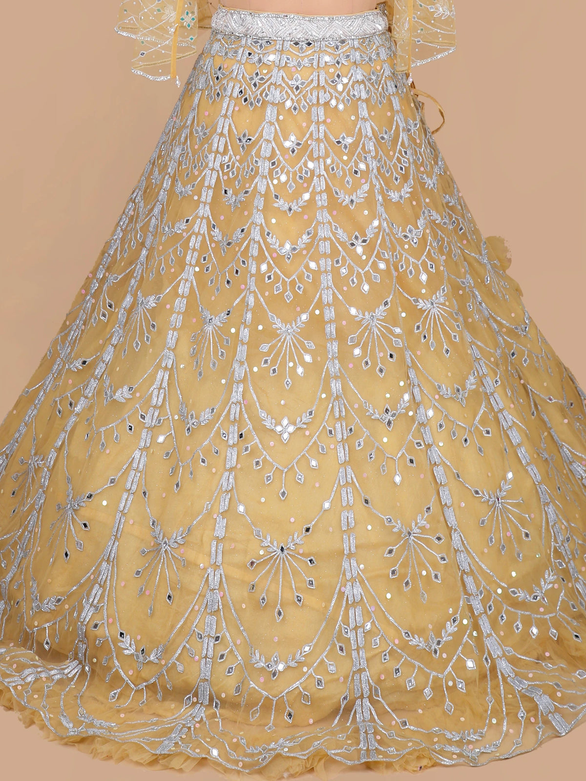 MyFashion KLS-2667 Sequin Pearl Mirror work Net Yellow Lehenga