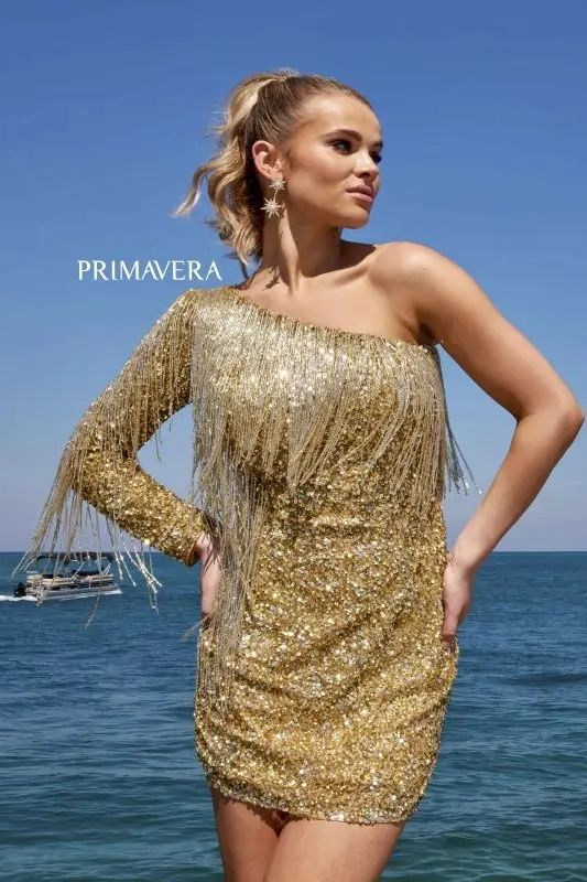 Primavera Couture -4003 One Shoulder Fringes Short Cocktail Dress