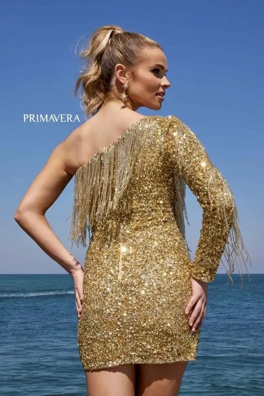 Primavera Couture -4003 One Shoulder Fringes Short Cocktail Dress