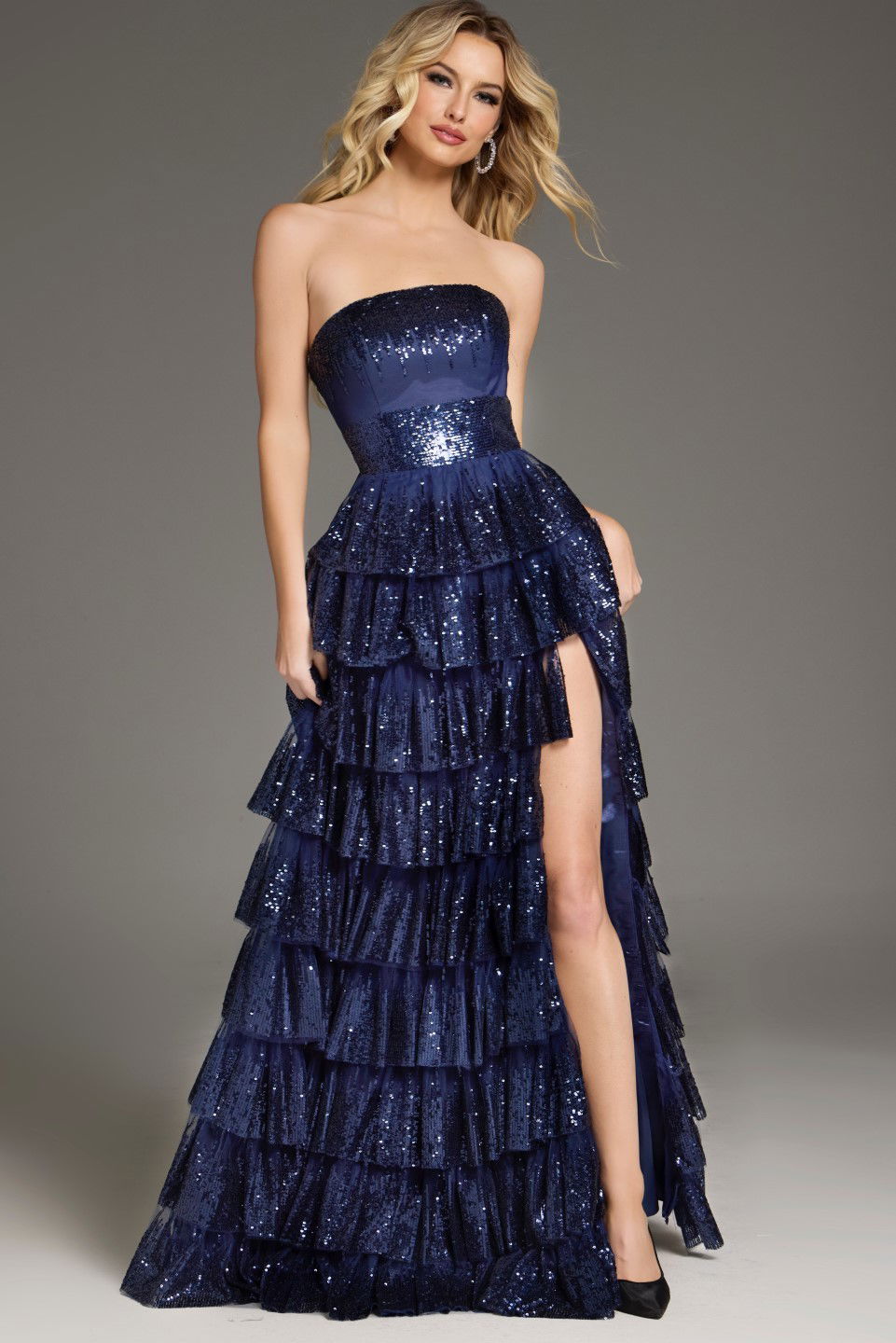 Jovani -40199B Sequined Bodice Strapless Tiered Gown