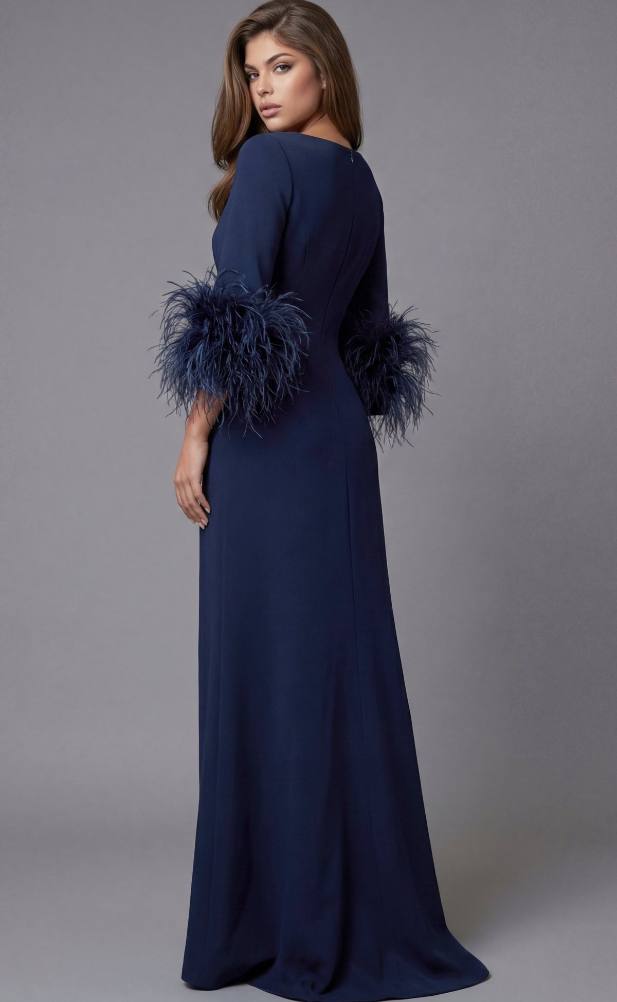Jovani -40200 Long Sleeve Feather A-Line Evening Gown