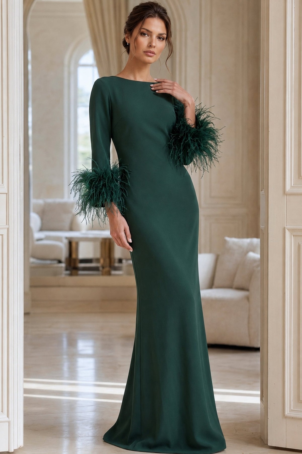 Jovani -40200 Long Sleeve Feather A-Line Evening Gown
