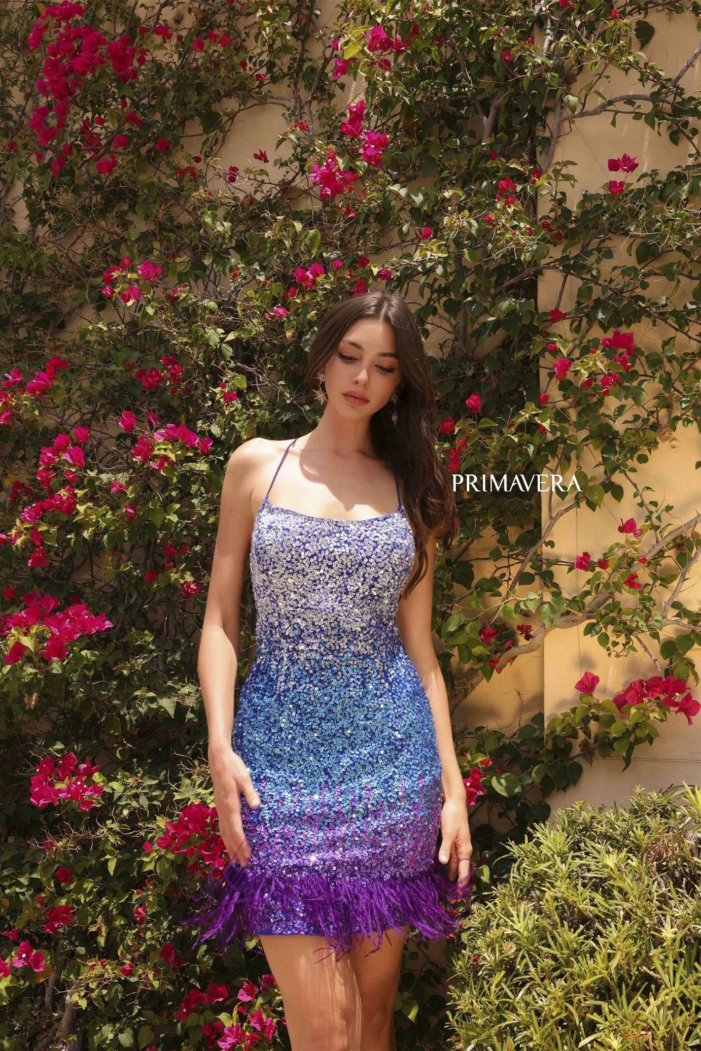 Primavera Couture -4023 Scoop Feather Short Cocktail Dress