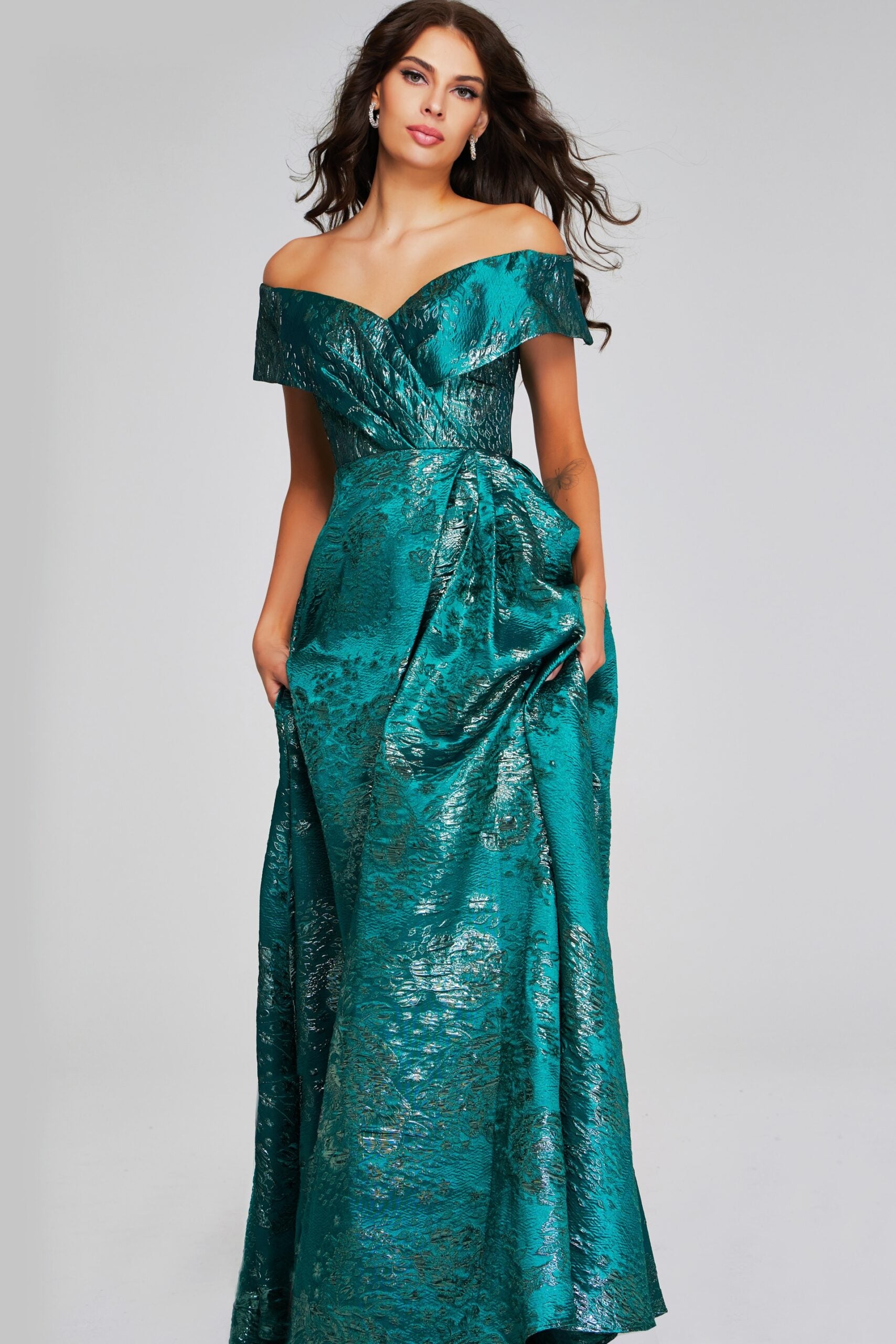 Jovani -40296 Green Off-Shoulder Evening Gown with Textured Fabric